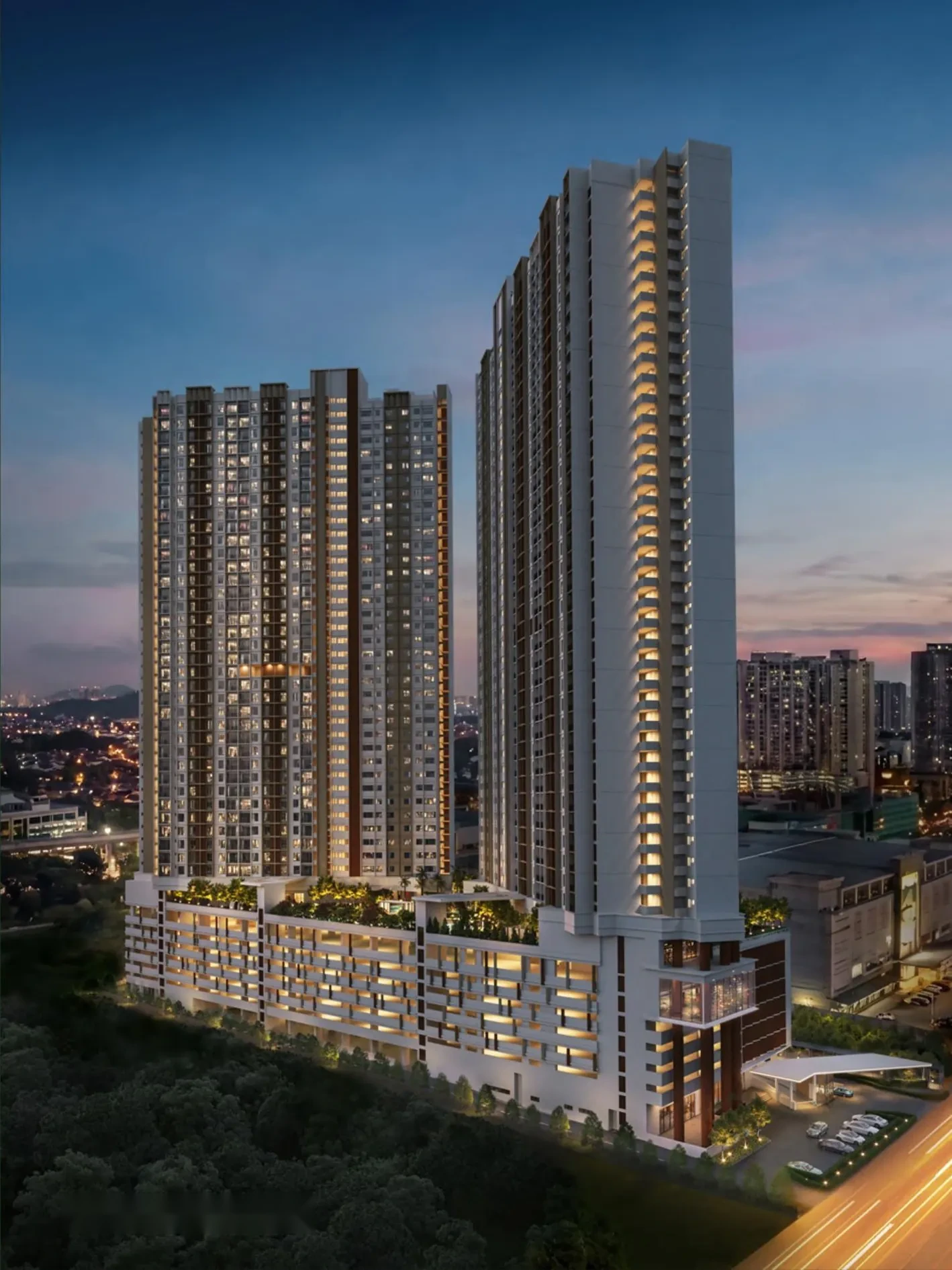 Westfield Residences twin tower exterior at dusk