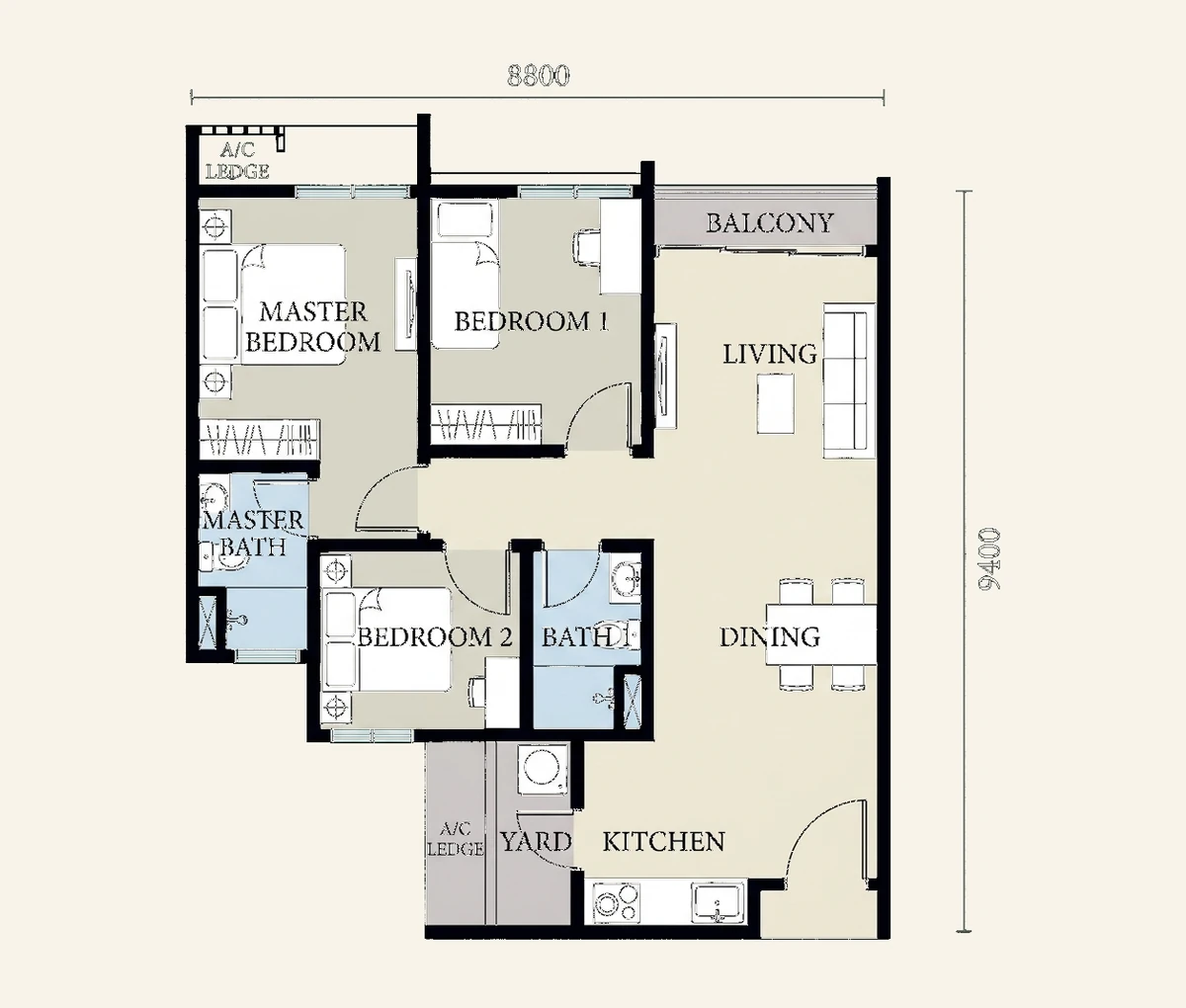 Type B floor plan, 768 sq ft, 3 bedrooms